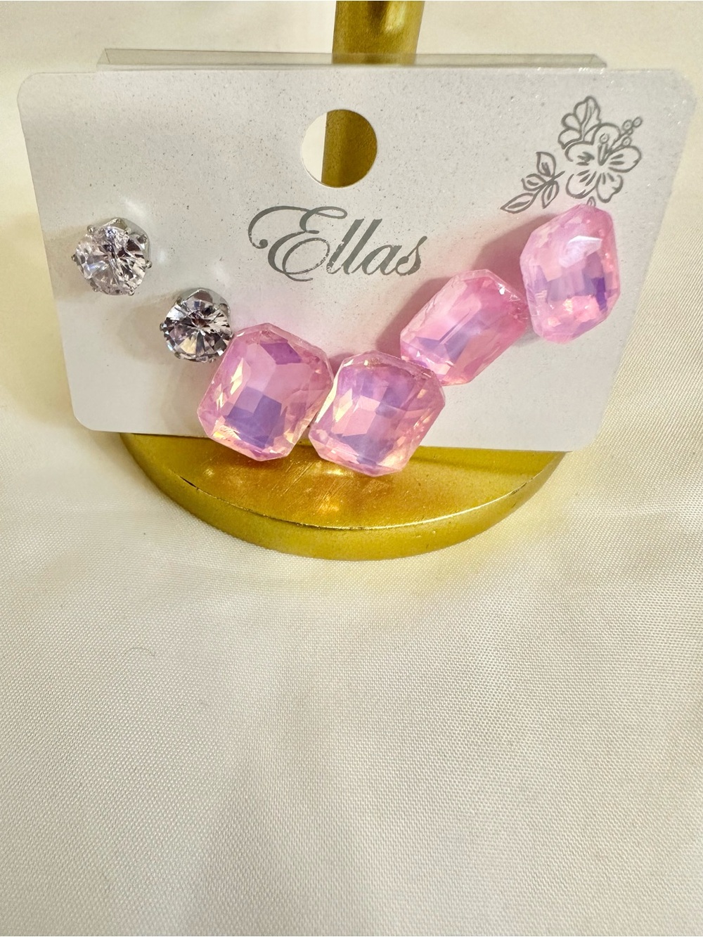 Ellas Dark Pink & Clear Crystal Multi-Sized Trio Stud Earrings Set - Silver-Tone